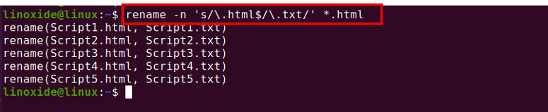 rename file using rename command -n option